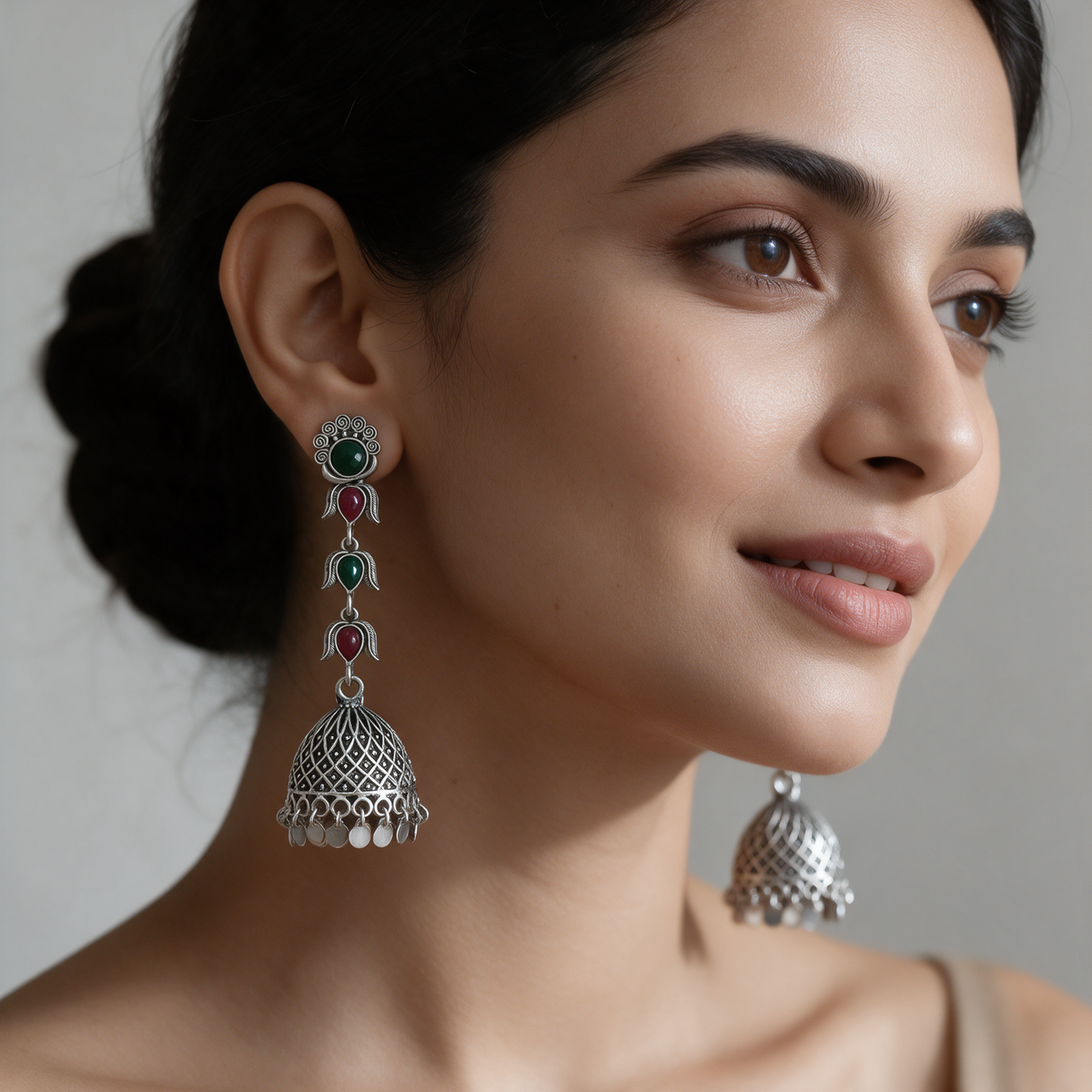 Oxidised Silver Green Pink Stone Jhumka Earrings For Women