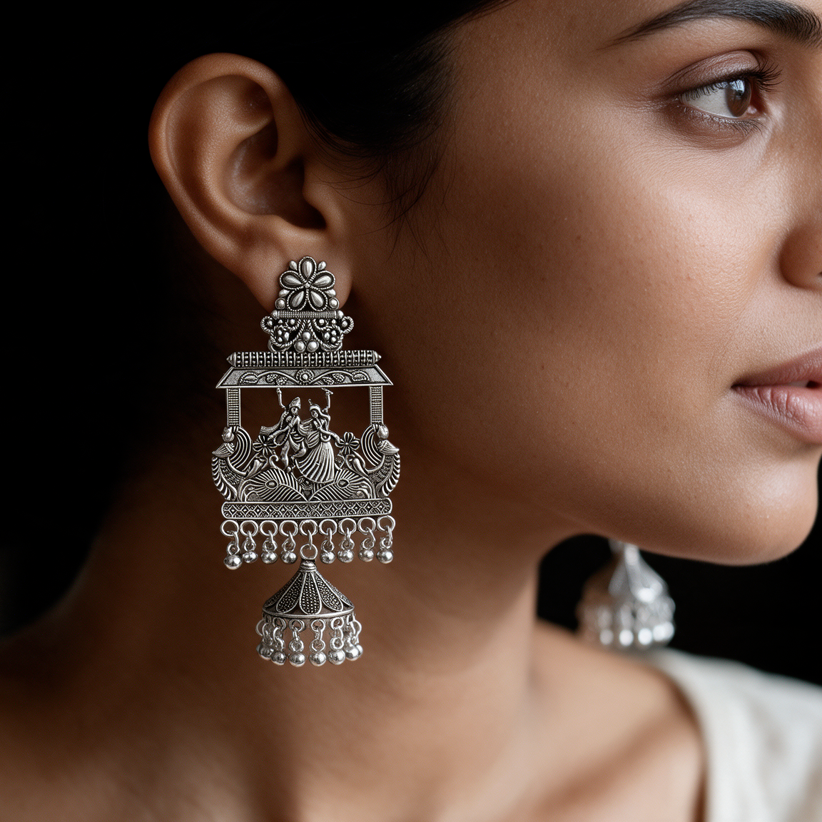 Antique Silver Radha Krishna Jhumka Earrings