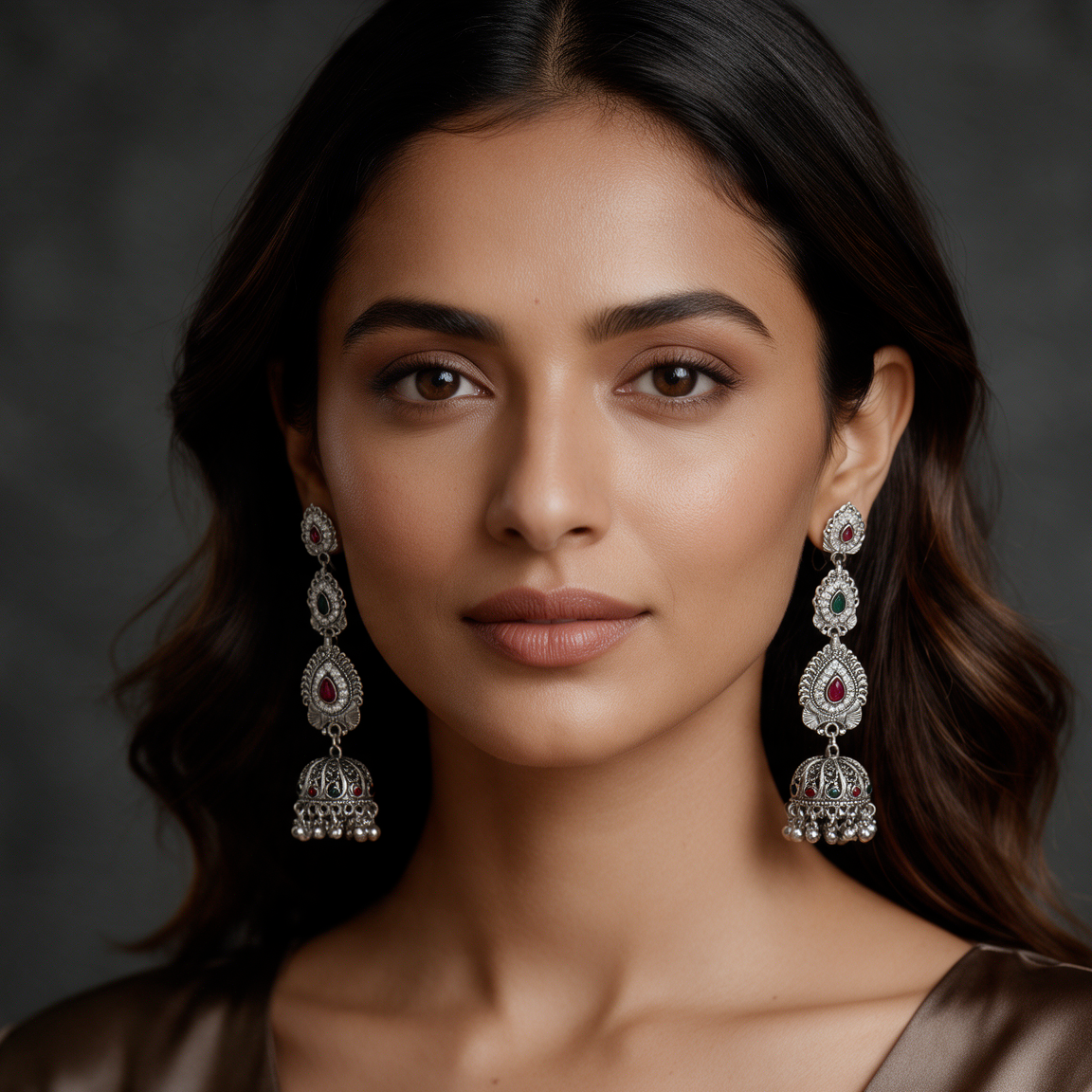 Antique Oxidised Silver Ruby Green Stone Jhumka Earrings