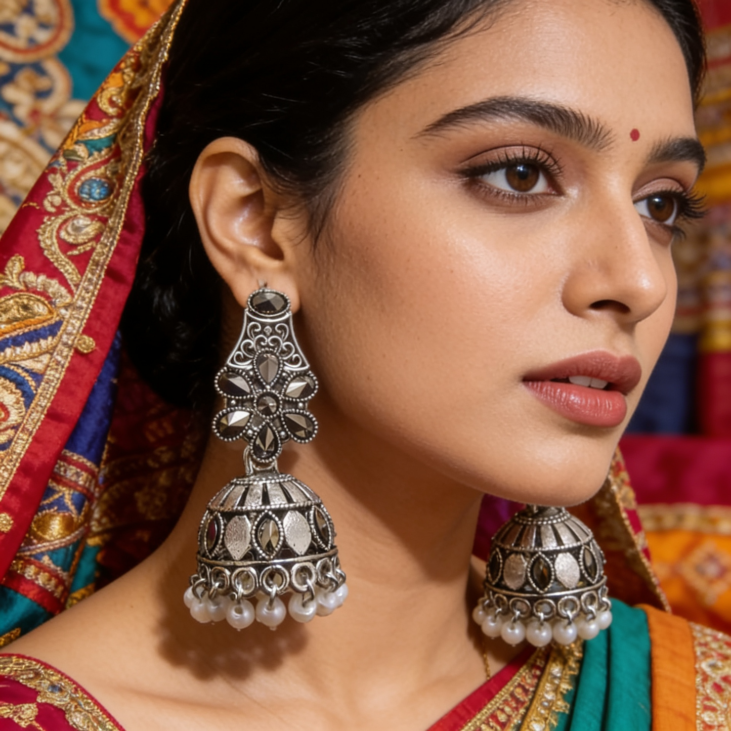 Oxidised Silver Floral Mirror Pearl Jhumka Earrings
