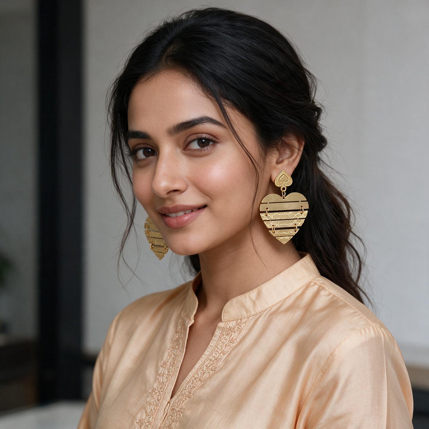 Golden Heart Statement Drop Earrings