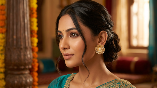 Golden Floral Pearl Stud Earrings