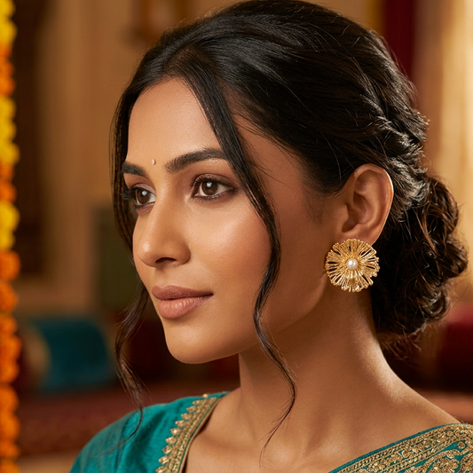 Golden Floral Pearl Stud Earrings
