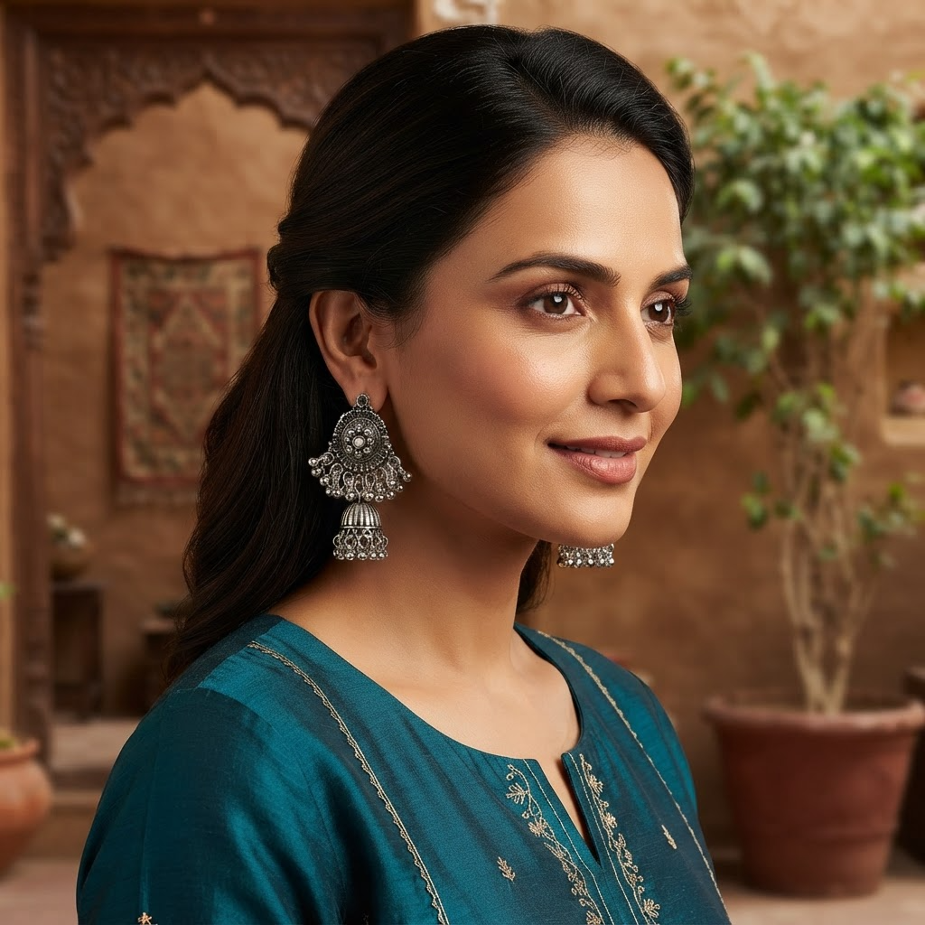Oxidised Silver Round Jhumka Earrings
