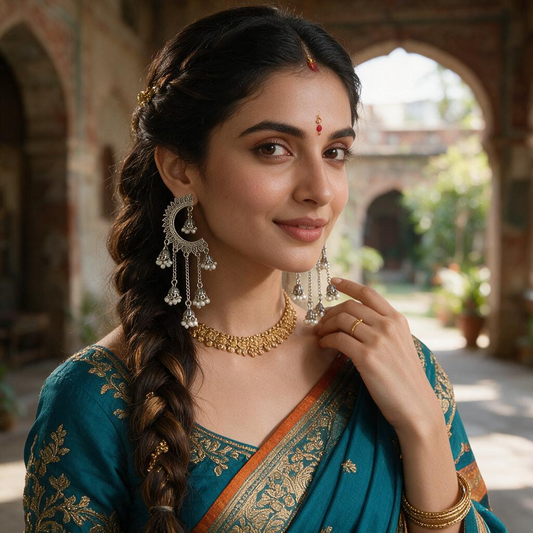 Oxidised Silver Crescent Pearl Tassel Earrings