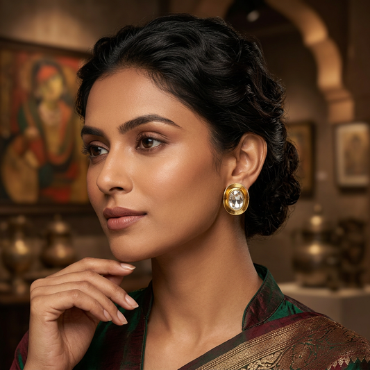 Big Stone Stud Gold Crystal Earrings