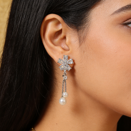 Flower Hang Silver Pearl Drop Earrings
