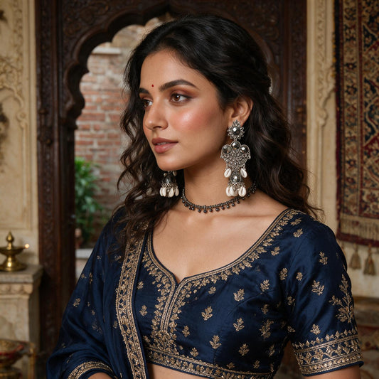 Black Stone Chandbali Jhumka Earrings