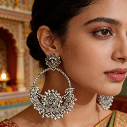 Oxidised Silver Radha Krishna Big Flower Lobe Chandbali Earrings