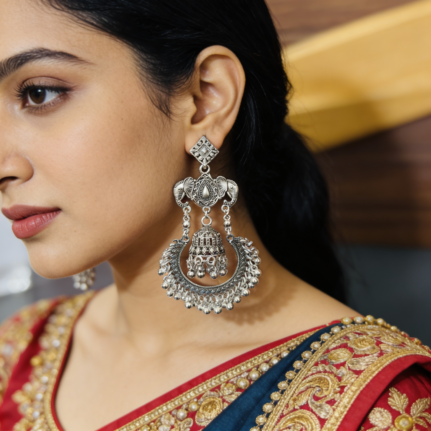 Elephant Oxi Silver Jhumka Chandbali Earrings