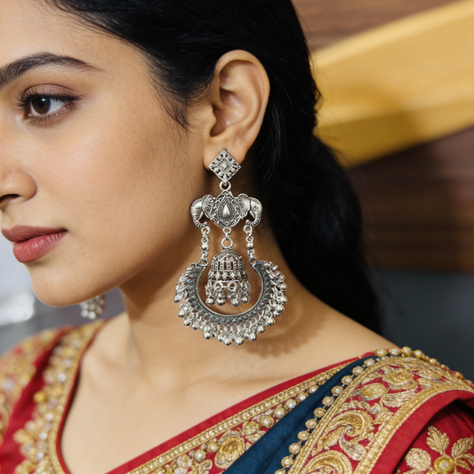 Elephant Oxi Silver Jhumka Chandbali Earrings