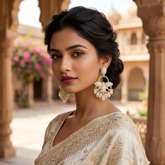 White Pearl Floral Chandbali Earrings