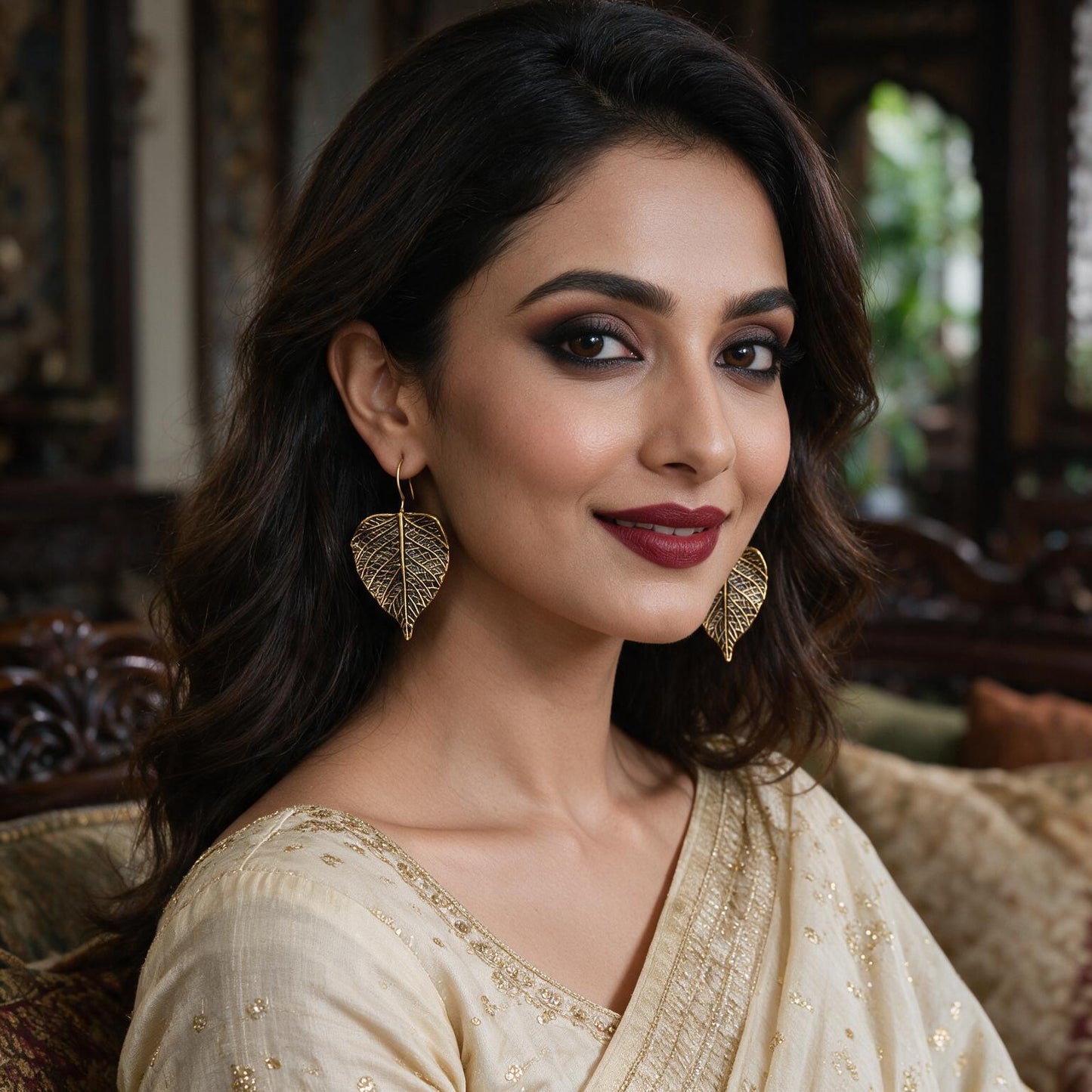 Antique Gold Leaf Design Drop Earrings