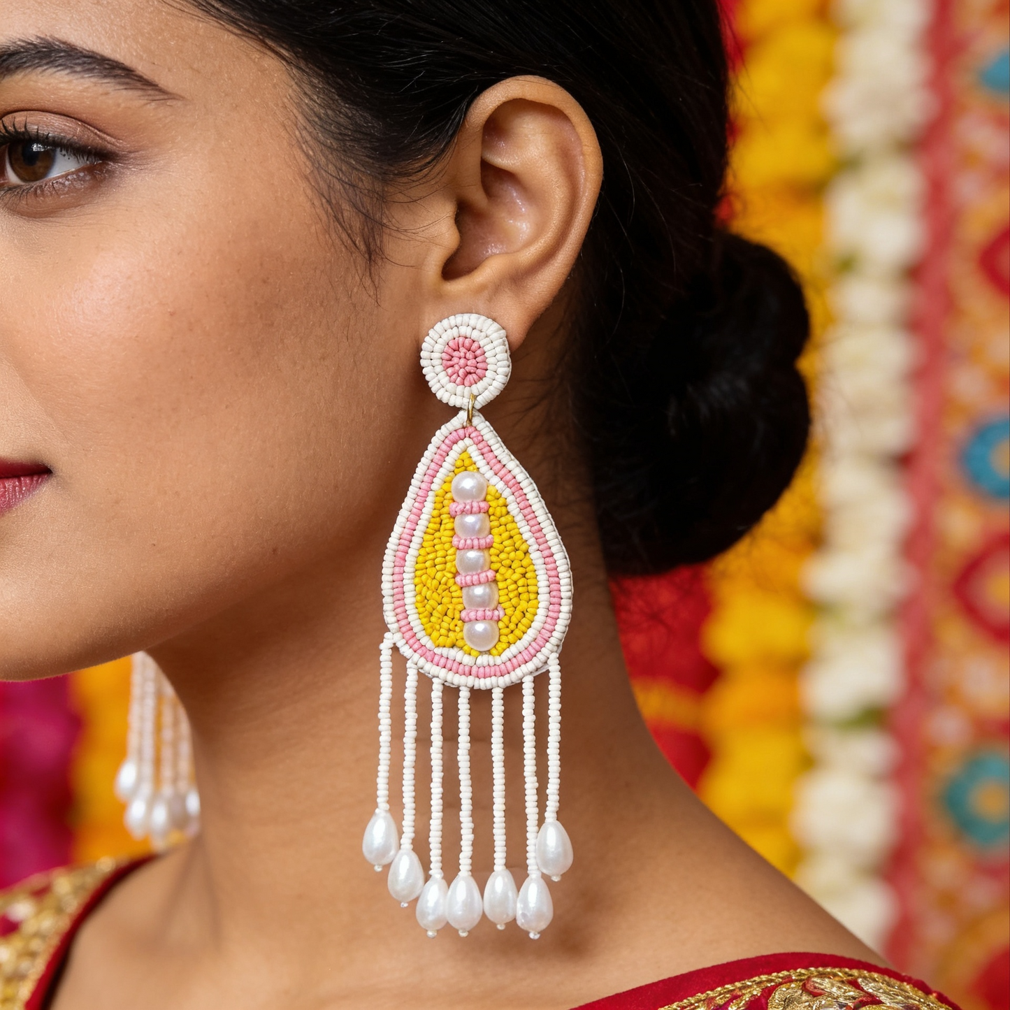 Pink nd Yellow Beaded Drop Earrings