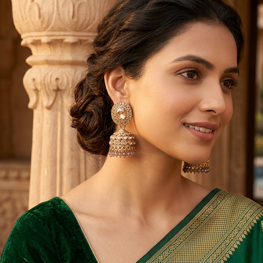 Golden Kundan Crystal Jhumka Earrings