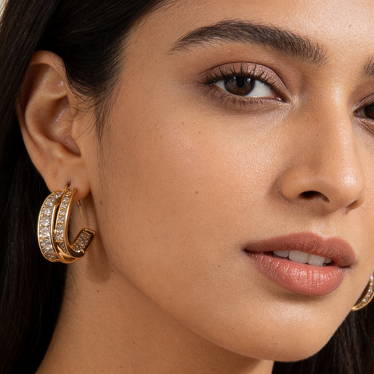 Gold Crystal Curve Hoop Earrings