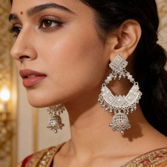 White Stone Silver Mirror Work Chandbali Jhumka Earrings | BME