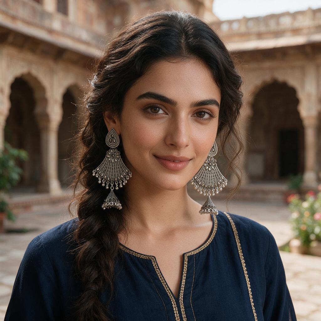 Oxidised Silver Floral Fan Jhumka Earrings