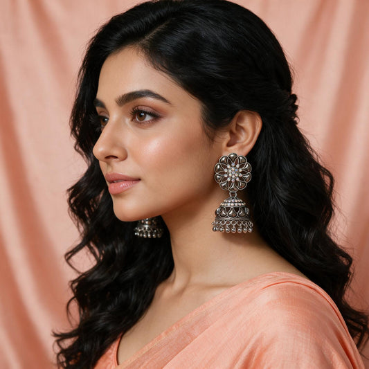 Black Floral Stone Jhumka Earrings