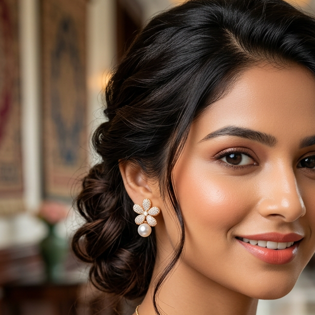 Flower with Pearl Gold Stud Earrings