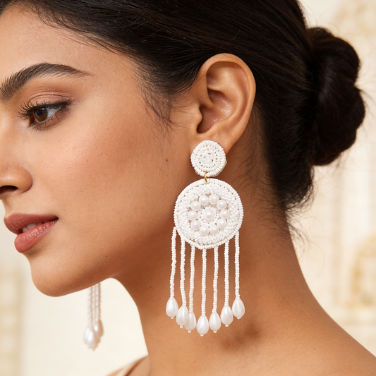 White Circle Beads Drop Earrings
