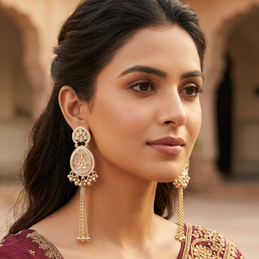 Elegant Gold-Toned Oval Floral Jhumka Earrings with Chain Drops