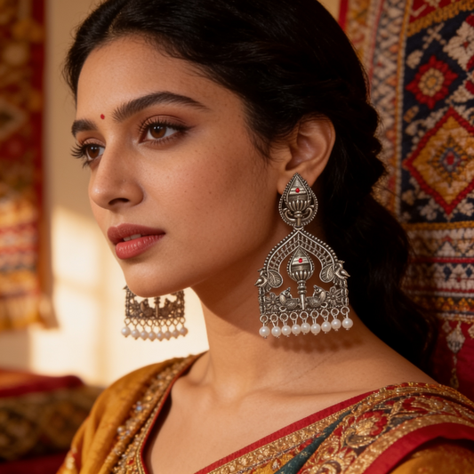 Oxidised Silver Peacock Pearl Drop Earrings