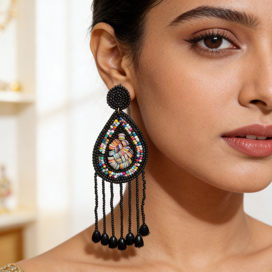 Black and Colourful Beaded Drop Earrings
