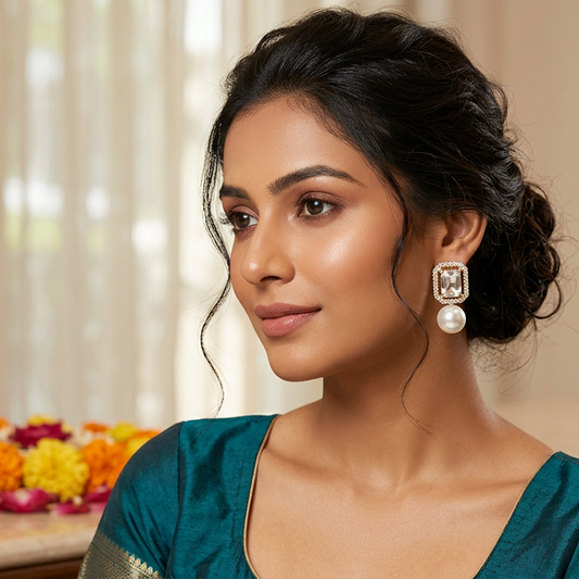 Crystal Square Pearl Drop Earrings