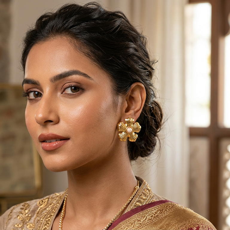 Golden Floral Pearl Stud Earrings
