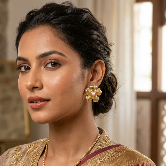 Golden Floral Pearl Stud Earrings