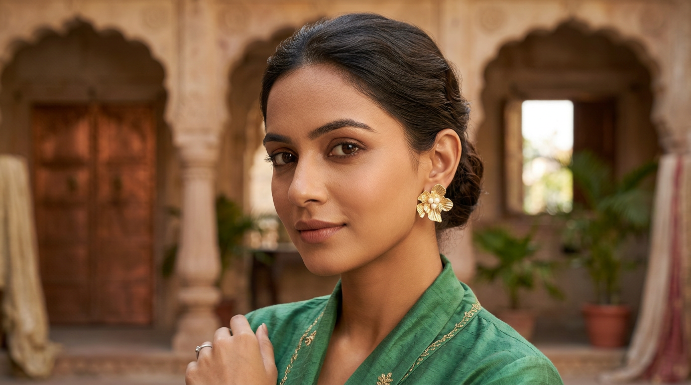 Golden Floral Pearl Statement Earrings
