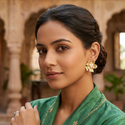 Golden Floral Pearl Statement Earrings