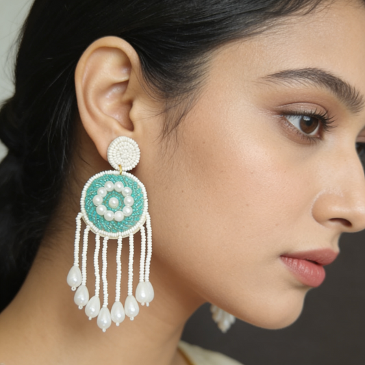 Green nd White Beads Drop Earrings