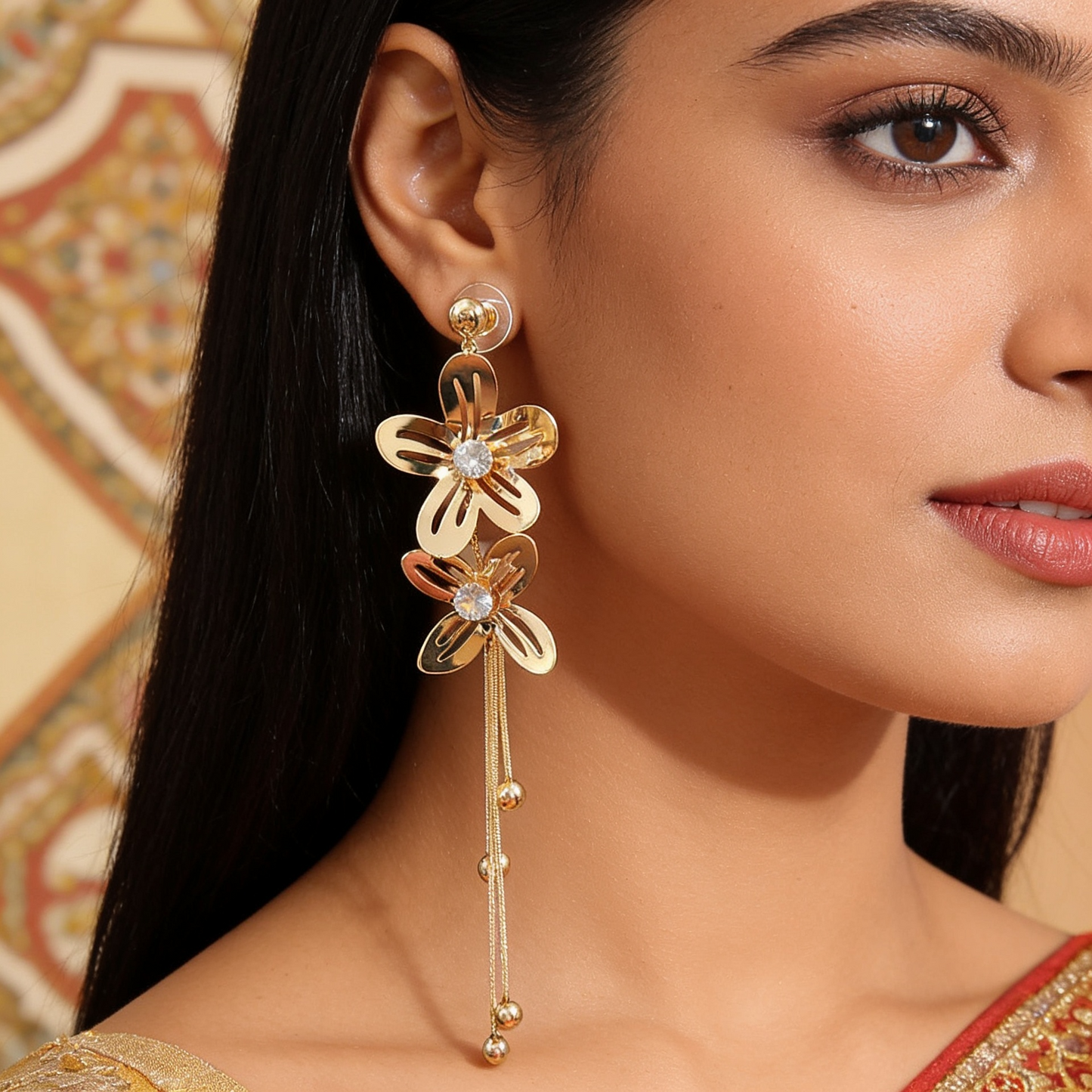 Golden Floral Crystal Tassel Earrings