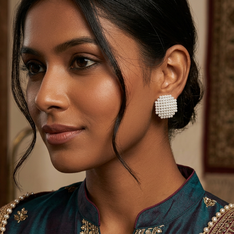 Pearl Beaded Square Stud Earrings