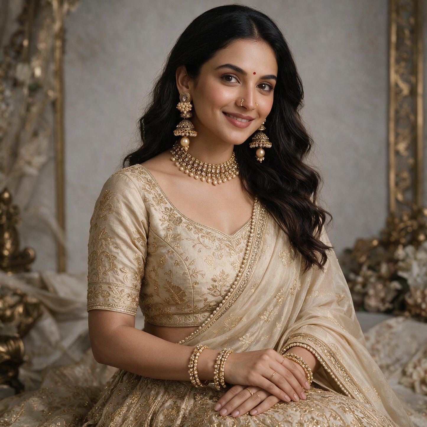Antique Pearl Embellished Gold Jhumka Earrings