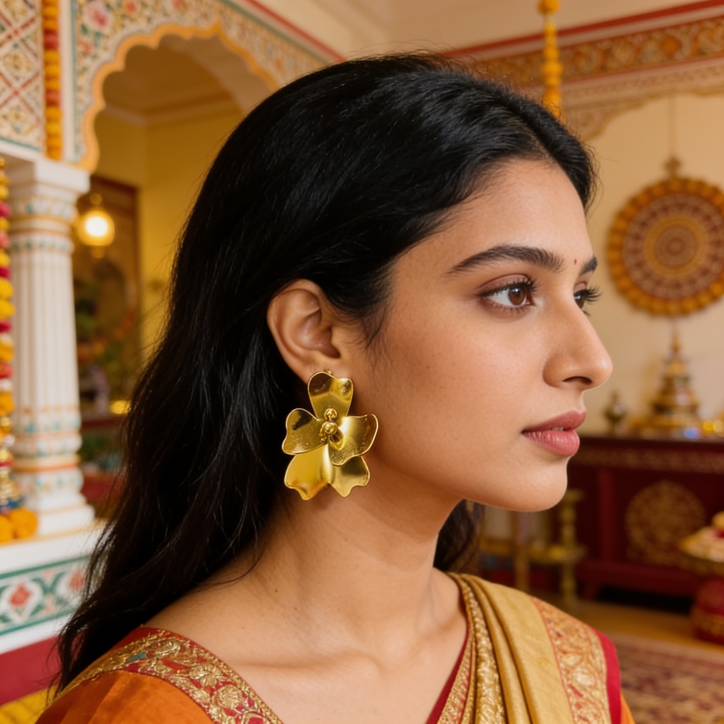 Ad Big Baali Gold Flower Earrings