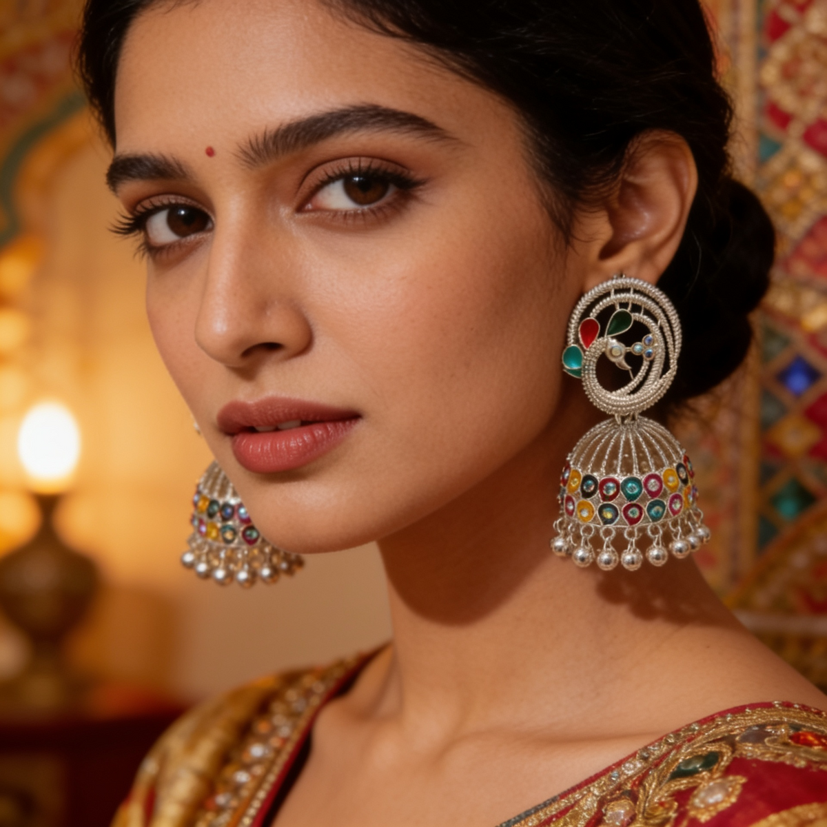 Multicolour Peacock Silver-Tone Jhumka Earrings