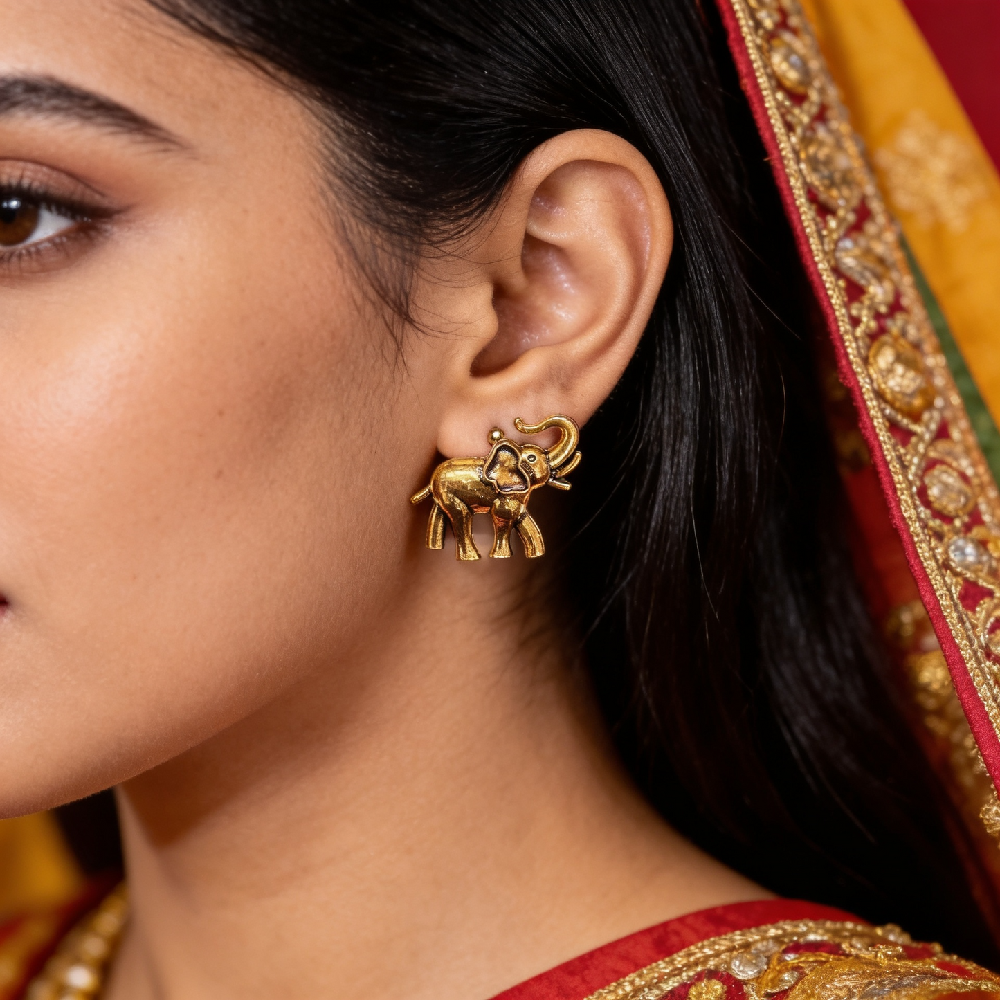 Elephant Stud Antique Gold Earrings