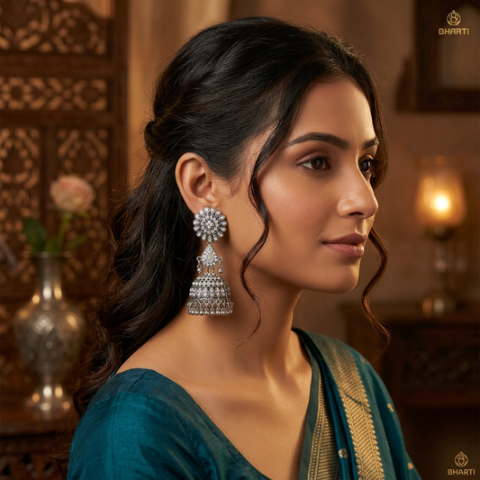 Oxidised Silver Rainbow Stone Jhumka Earrings