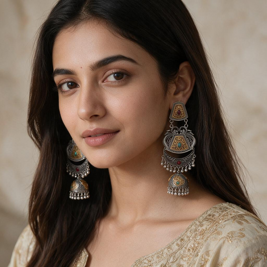 Dual-Tone Multicolour Oxidised Jhumka Earrings