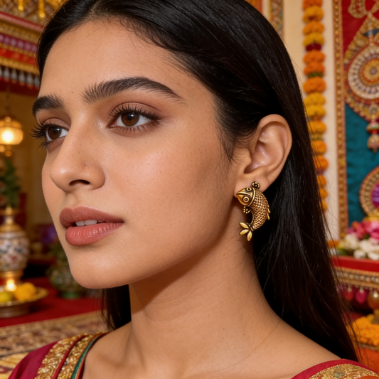 Fish Studs Antique Gold Earrings