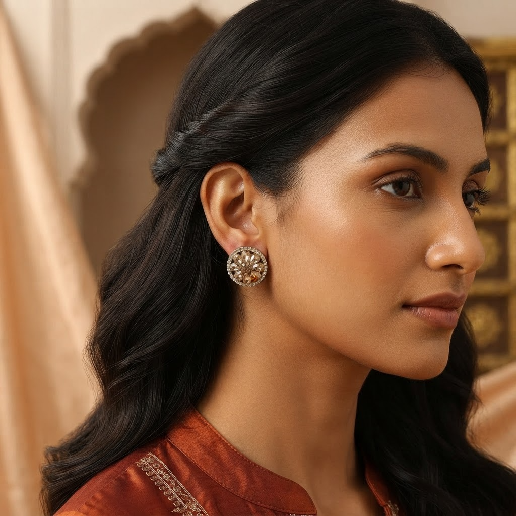 Golden Floral Crystal Stud Earrings
