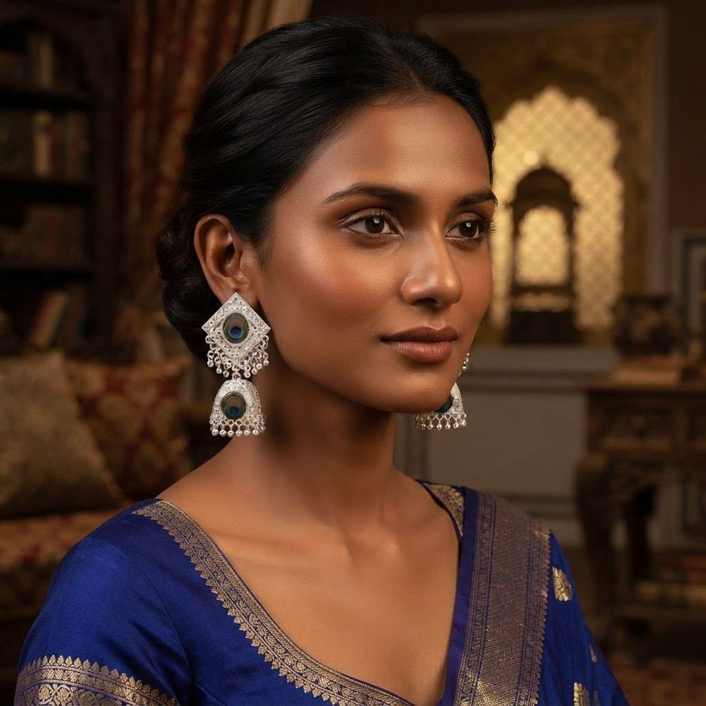 eacock Feather Oxidised Silver Jhumka Earrings