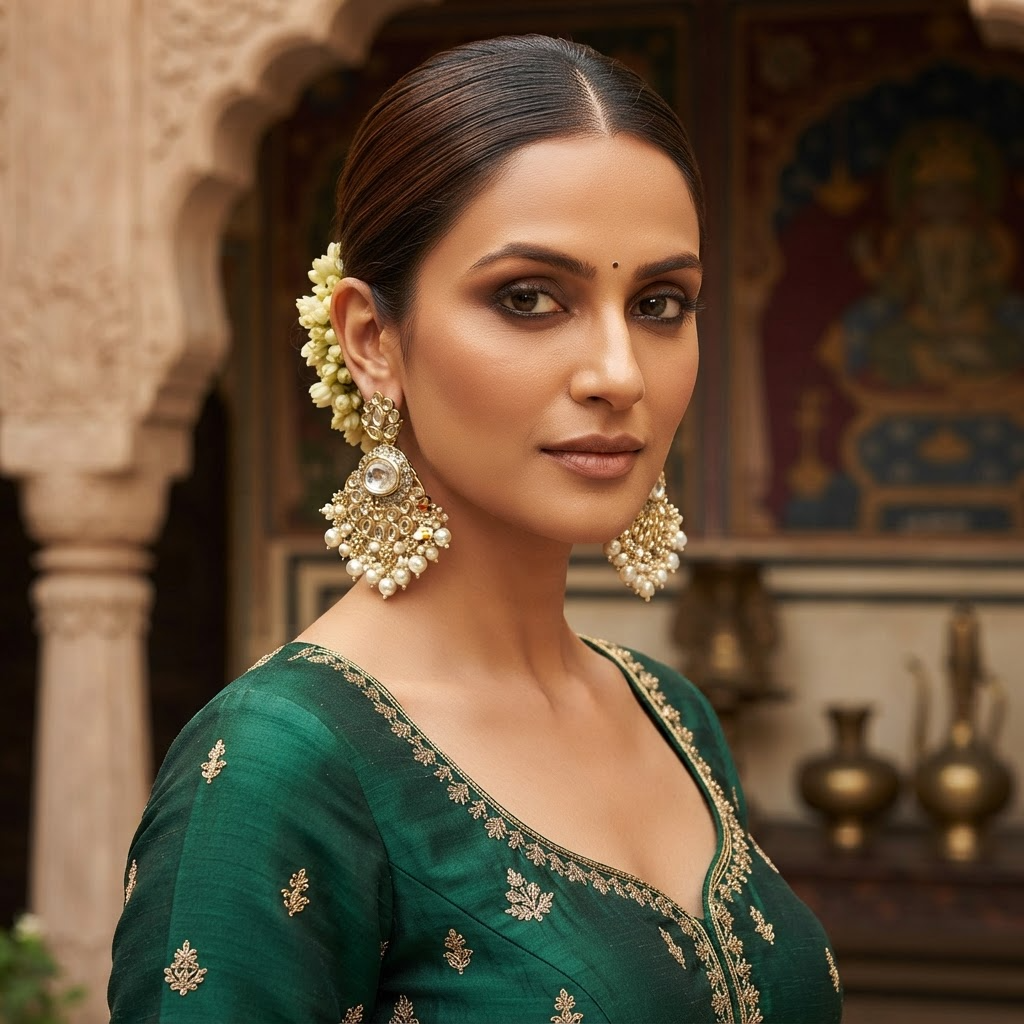 Gold-Plated Chandbali Kundan Pearl Earrings