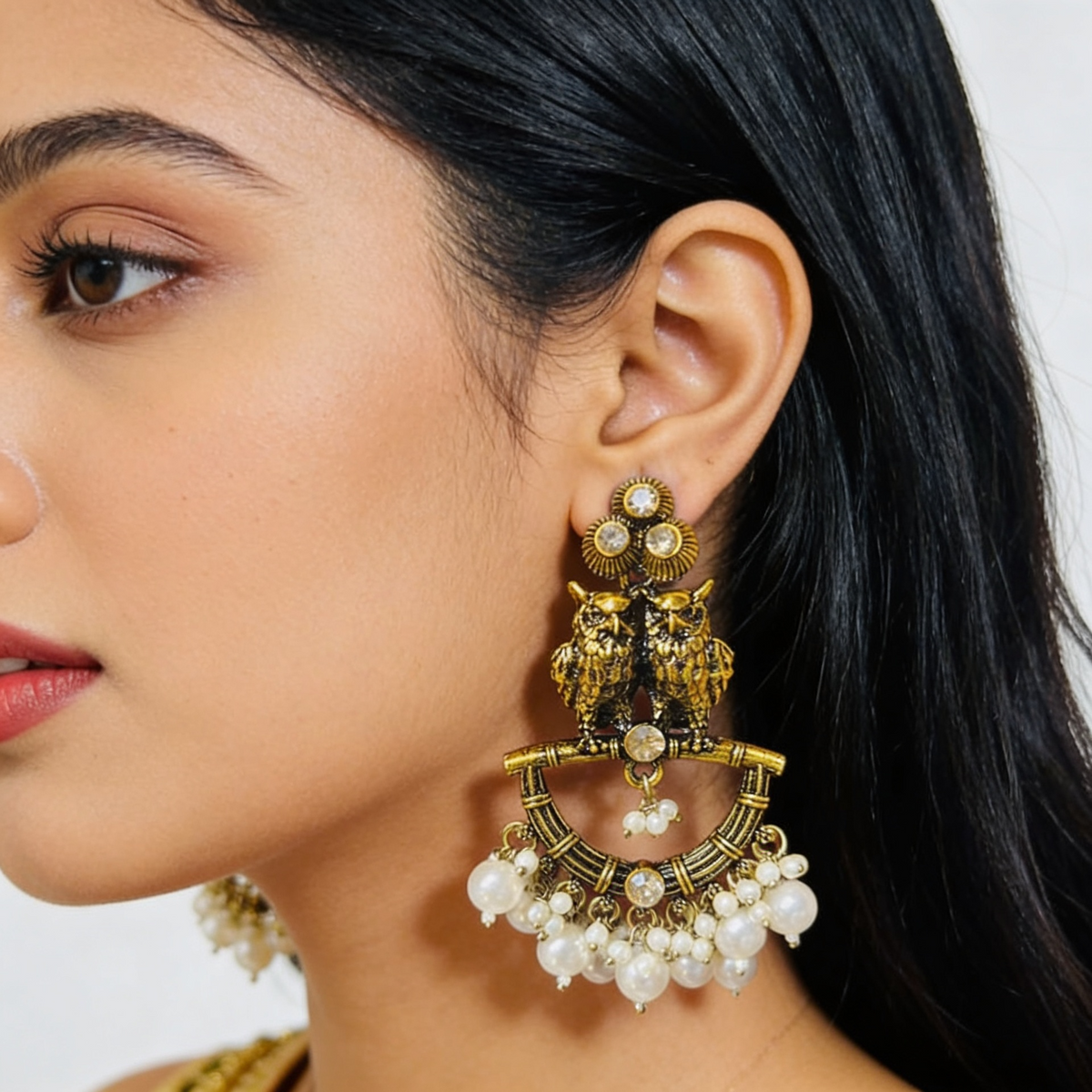 Owl Pearl Gold Owl Earrings
