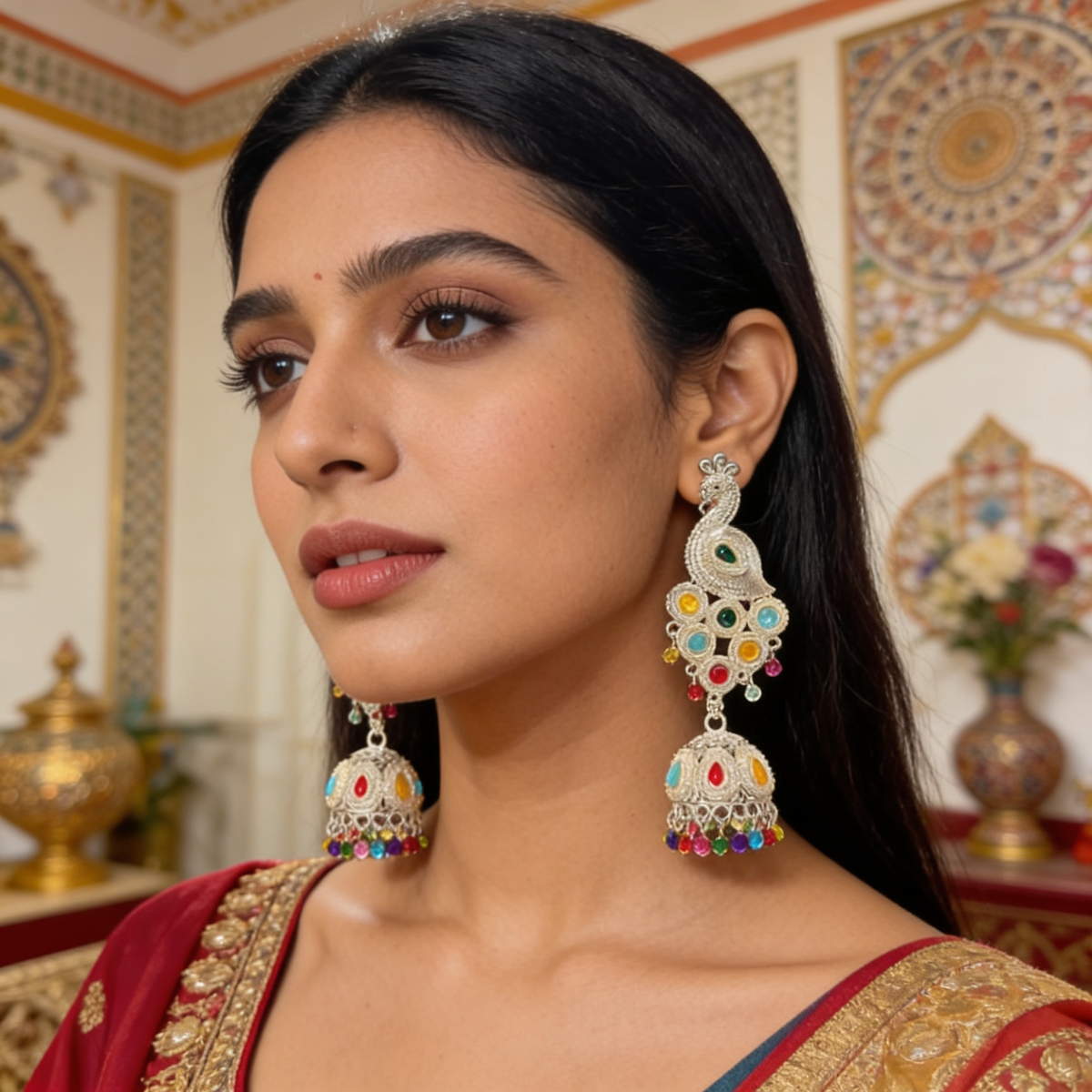 Peacock Colourful White Pearl Jhumka Earrings | BME