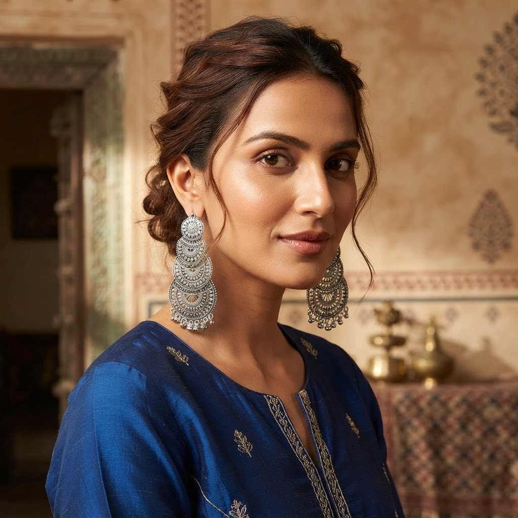 Layered Oxidised Silver Chandbali Statement Earrings