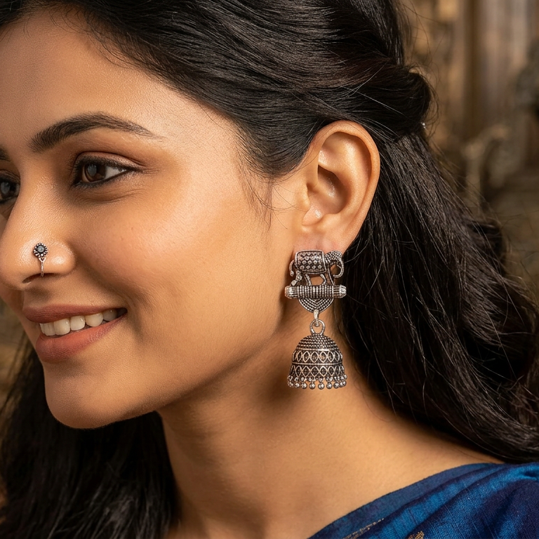 Oxidised Silver Elephant Jhumka Earrings